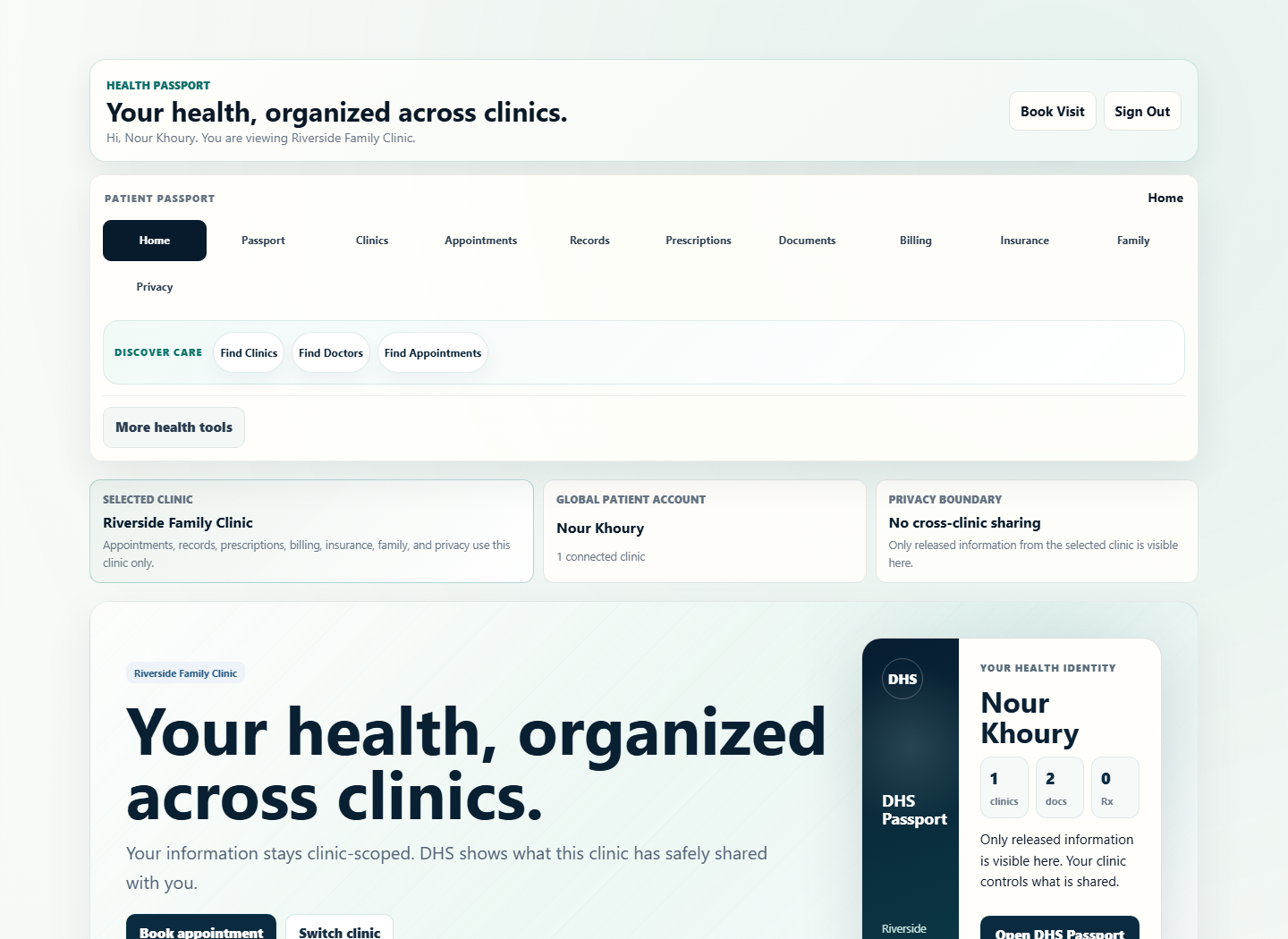 Clean DHS patient dashboard screen